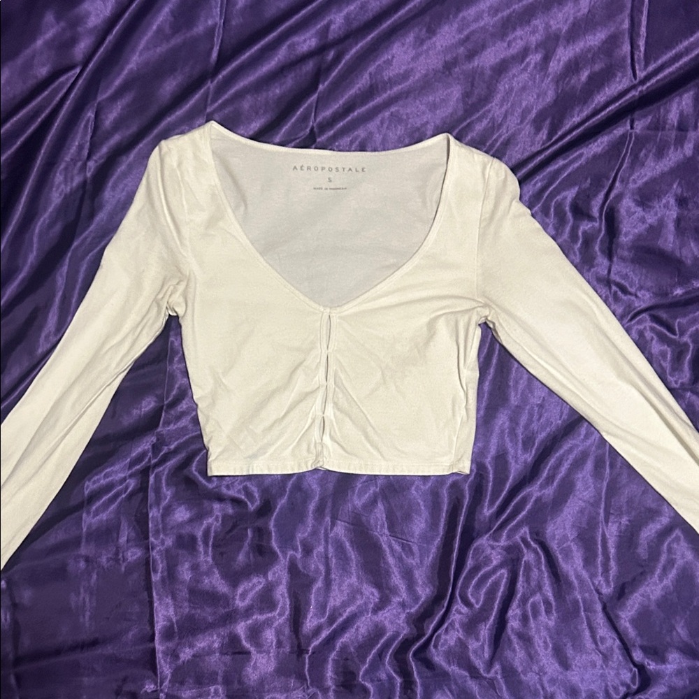 Aeropostale White Long Sleeve Cutout Scoop Crop Top